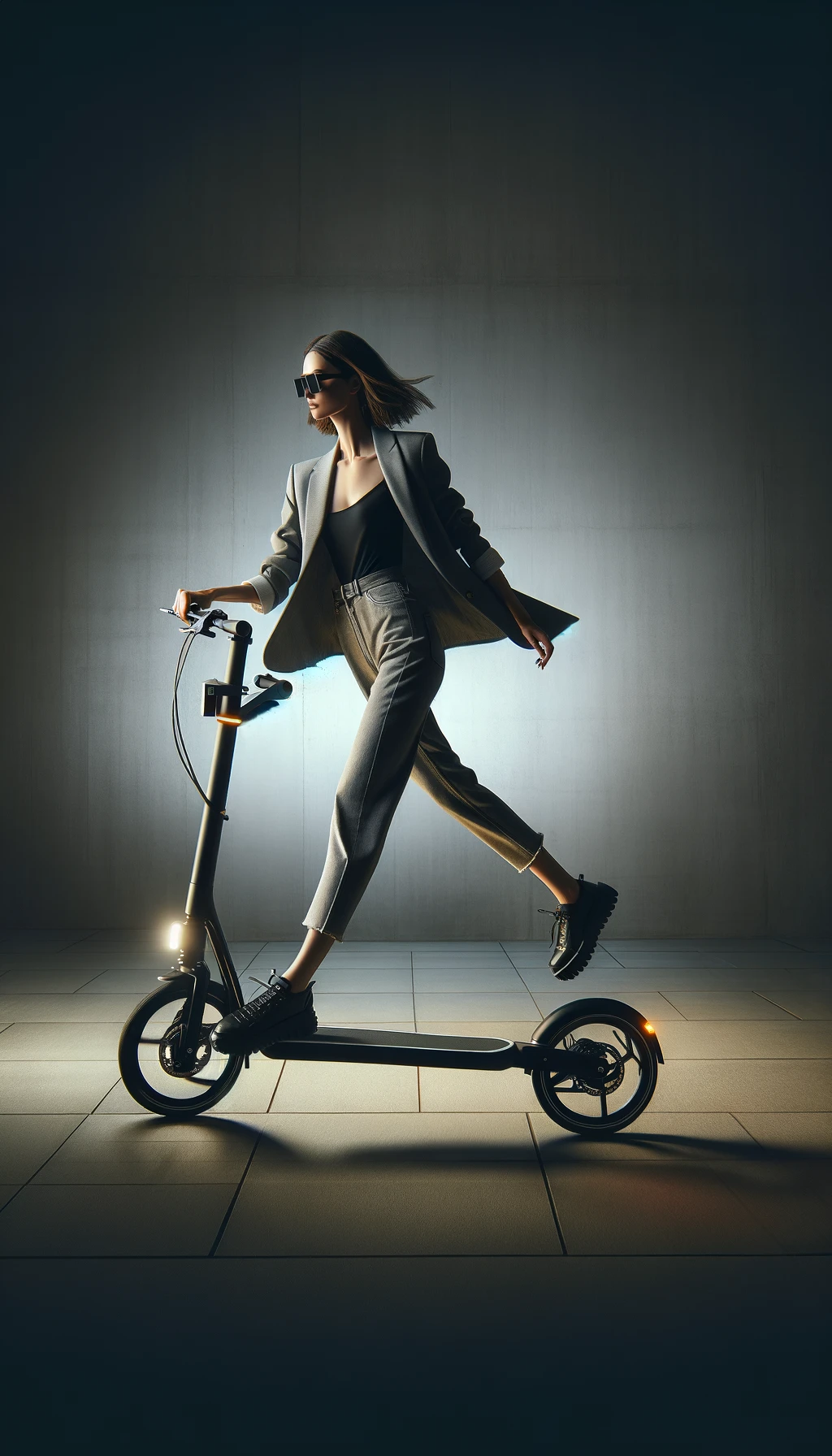 DALL·E 2024 02 11 15.17.59 Une femme elegante et dynamique sur une trottinette electrique a deux roues posee sur un fond gris uni. Elle est vetue de maniere decontractee mais c